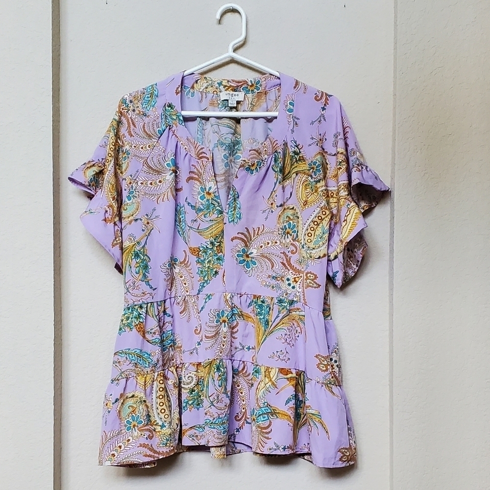 Umgee Lavender Mix Mixed Print Split Neck No Lining Short Sleeve Tops